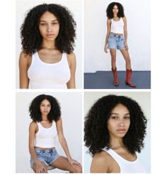 four different pictures of a woman with curly hair and boots, wearing short denim shorts