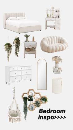 the bedroom is decorated with white furniture and plants in pots, vases, mirror, bed, dresser, lamp, planter