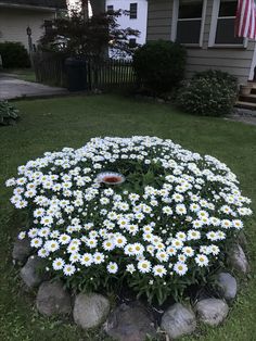 a flower bed in front of a house with rocks and flowers around it on the lawn