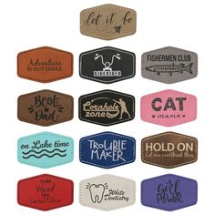 six different colored patches with words on them