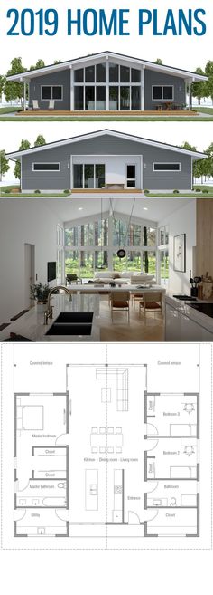 the floor plan for a modern home with two levels and three rooms, including an open kitchen