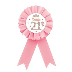 a pink rosette award ribbon with the number 21 on it