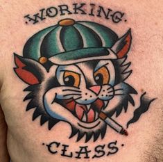 Hobbit Traditional Tattoo, American Traditional Bigfoot Tattoo, Punk Aesthetic Tattoo, Traditional Cat Tattoo Flash, American Trad Animal Tattoo, Pill Tattoo Ideas, Working Class Tattoo, Cat Traditional Tattoo, American Trad Tattoo