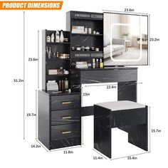 an image of a desk and mirror with measurements for the contents in it, including drawers