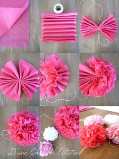 pink and white flowers are being made into tissue paper pom poms for the headbands