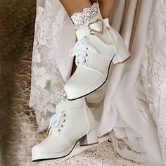 Category:Wedding Shoes,Boots; Upper Materials:Lace,Faux Leather; Embellishment:Imitation Pearl,Buckle; Season:Fall,Winter; Heel Type:Chunky Heel; Gender:Women's; Size Suggestion:standard size, select your usual size; Toe Shape:Round Toe; Type:Booties Ankle Boots; Style:Elegant,Preppy,Fashion,Sexy; Heel Height(inch):1-2; Outsole Materials:Rubber; Occasion:Wedding,Party,Club,Outdoor; Closure Type:Zipper; Pattern:Solid Color; Listing Date:11/13/2023; Production mode:External procurement; 2024 Trend Brides 2024, Boots Wedding, Wedding Shoes Boots, Cheap Ankle Boots, Wedding Boots, Wedding Shoes Bride, Party Outdoor, Winter Ankle Boots, Boots Winter