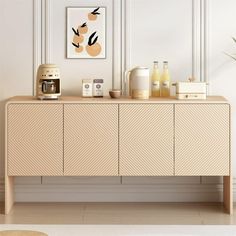 an image of a room setting with items on the sideboard and coffee maker in the corner