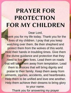 prayer for protection for my children on pink background with flowers in the corner and text below