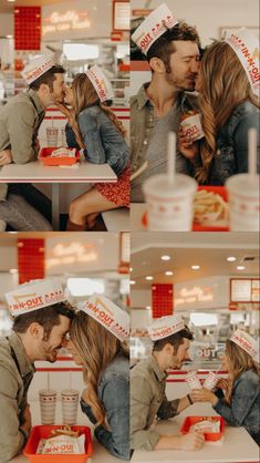 a man and woman kissing in a fast food restaurant