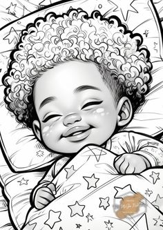 a black and white drawing of a smiling baby with stars on it's head