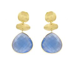 The Tiara Earrings are 18k gold plated, featuring two molten coins with a natural semi-precious stone hanging down, adding an elegant and unique touch. Handmade in Brazil, they measure 1. 75 inches in length. Each pair showcases distinctive textures, shine, and color due to the natural variations in the stones used. These 18k gold plated over brass earrings feature doublet stones, which are essentially mother of pearl combined with a colorful crystal layer. This combination creates a captivating and unique look, enhancing the overall elegance of the earrings. Elegant Blue Hammered Earrings, Elegant Chalcedony Earrings With Natural Stones, Handmade Gold Earrings With Chalcedony, Gold Chalcedony Dangle Earrings, Contemporary Earrings, August Birthstone Jewelry, July Birthstone Jewelry, Jewelry Ring Box, Men's Jewelry Rings