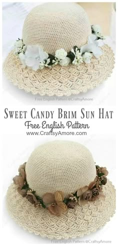 two hats with flowers on them and the words sweet candy brim sun hat