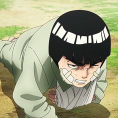 an anime character with black hair and white teeth crawling on the ground in front of grass