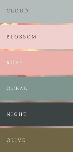 four different shades of pink, blue, and green with the words cloud blossom on them