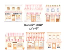 watercolor bakery shop clipart with pink and white awnings on the windows