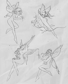 four drawings of tinkerbells on paper