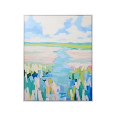 an abstract painting with blue, green and white colors on the water's edge