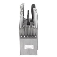 a silver and black knife holder with two knives on it's sides, in front of a white background