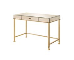 a white desk with two drawers and gold legs