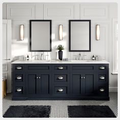 a bathroom with double sinks and two mirrors on the wall next to eachother