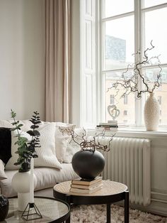 a living room filled with furniture next to a window covered in windowsills and curtains