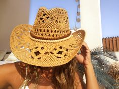 "Hats for women, bohemian hats, boho hats, cowgirl hats, straw cowboy hat, stetson hats, cowboy hats, straw hat, sun hat, buy online cowboy hats for women, sun hats, beach hats, custom hats & personalized hats for women. Jewelry & fashion accessories, original designs by kekugi. Best gift ideas !! This Stylish cowboy hat is accented with pompom ribbons This hat is soft yet supple, making it light to wear yet durable to last for years. These womens hats are perfect for any summer activity Beige Straw Hat For Western-themed Summer Events, Straw Brimmed Western Hat, Western Style Straw Brimmed Hat, Western Brown Fedora With Woven Detail, Western Style Woven Straw Hats, Western Style Brown Fedora With Woven Detail, Brown Straw Panama Hat For Country Events, Western Brown Woven Fedora, Country Style Brown Straw Panama Hat