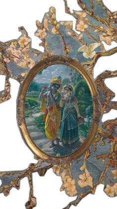 a painting on the side of a wall with flowers and leaves around it that has an image of two people standing next to each other