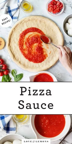 the pizza sauce is being made on top of an uncooked pizza crust with ingredients around it