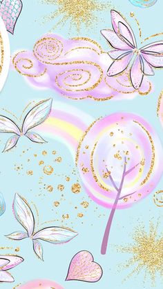 a blue background with pink and gold flowers, hearts, and swirls on it