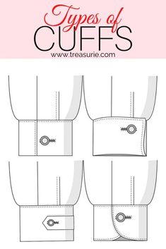 Shirt Cuff Design Men, Types Of Cuffs Illustration, Cuff Styles Sleeve, Shirt Cuff Detail, Sewing Cuffs On Sleeves, Types Of Pockets Fashion, Different Types Of Cuffs, Different Types Of Sleeves Design, Types Of Cuffs