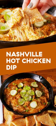 nashville's hot chicken dip is being served in a cast iron skillet with crackers on the side