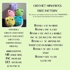 the instructions for crochet mini frog slippers are shown in three different colors