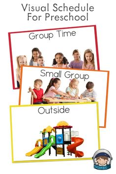 two pictures with children's play equipment and the words, visual schedule for preschool