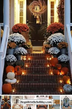 the front porch is decorated with pumpkins and mumins