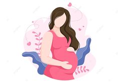 a pregnant woman in a pink dress is holding her stomach with leaves on the side