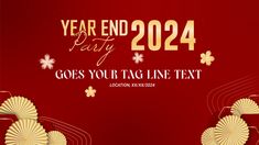 the year end party goes to tag line text with gold paper fans on red background