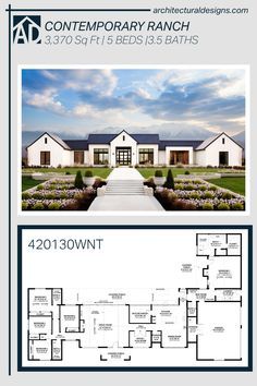 the floor plan for this contemporary ranch house is shown in blueprints and has three separate