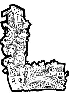 the letter l is made up of doodles and other things in black and white