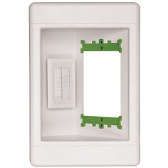 an electrical outlet with two green switches and one white wall plate on the right side