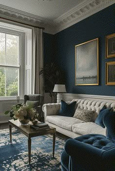 a living room with blue walls and white furniture