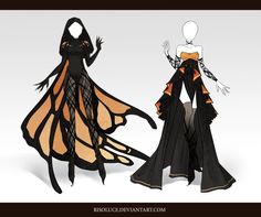 two paper dolls are dressed in black and orange