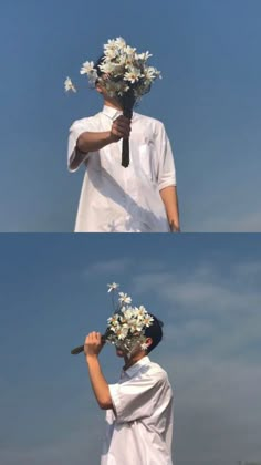 a man with flowers on his head is holding a baseball bat in front of him