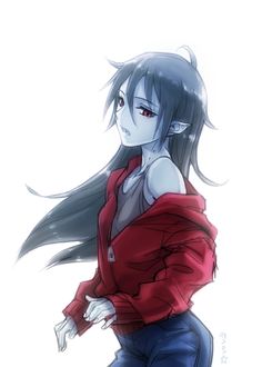 an anime character with long black hair and red shirt