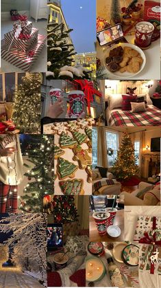 a collage of photos with christmas decorations and gifts on them, including cookies, coffee mugs, plaid tablecloth