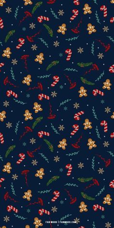 a christmas pattern with teddy bears and candy canes on a dark blue background,