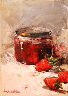 a painting of strawberries and jam on a table