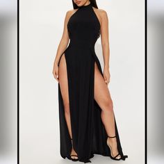 Fashion Nova Shantall Maxis Dress Mock Neck Halter Button Back Closure High Slits Back Less Stretch Fitted Longline Maxi Dress For Date Night, Stretch Longline Maxi Dress For Parties, Spring High-neck Dress With Side Slits, Spring High Neck Dress With Side Slits, Party Dress With Split Design And Hem, Backless Dress With Side Slits For Date Night, Date Night Backless Dress With Side Slits, Backless Split Design Dress For Night Out, Chic Dress With Split Design For Date Night