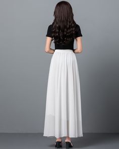 * A long skirt with elastic waist. * A-line shape and wide hem, can make you look more taller and slimmer. * Made of pearl chiffon and fully lined. * Can custom make waist size and skirt length. * Material: 100% polyester * Size: True to US size, US 0-US 20 are available, you can let us know your usual size and height in your order. * Shipping: Free shipping Processing time : 5-7 Business days Delivery time : 7-20 Business days Tracking number available If you need rush order or expedited shippi White Full Length Skirt For Spring, Elegant Chiffon Maxi Skirt With Elastic Waistband, White Lined Skirt Maxi Dress For Spring, White Full Length Maxi Skirt For Spring, Chiffon Gathered Maxi Skirt, White Maxi Length Skirt For Spring, White Maxi Dress With Relaxed Skirt For Spring, Flowy Full-length Lined Dress, Summer Floor-length Maxi Dress With Pleated Skirt