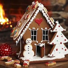 a gingerbread house with snowmen and christmas trees