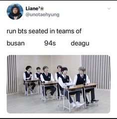 a group of young men sitting at desks in front of a screen with the caption run bt's seated in teams of busan 94s deagu